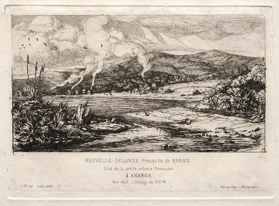 Charles Meryon's etching of the small French colony at Akaroa about 1845, looking across the harbour to huts and smoke along the far shore.