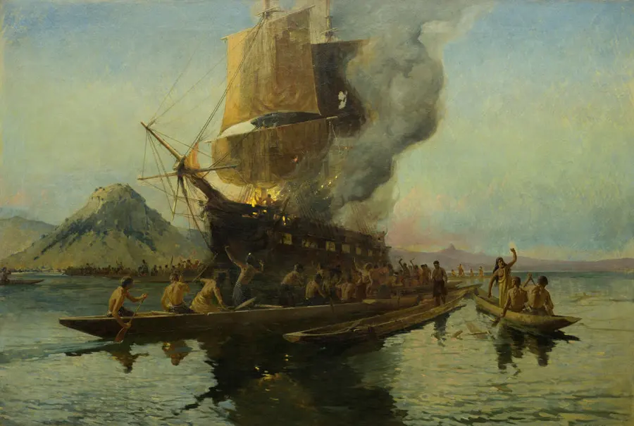 Walter Wright's 1908 painting of the burning of the Boyd, with waka in the foreground.
