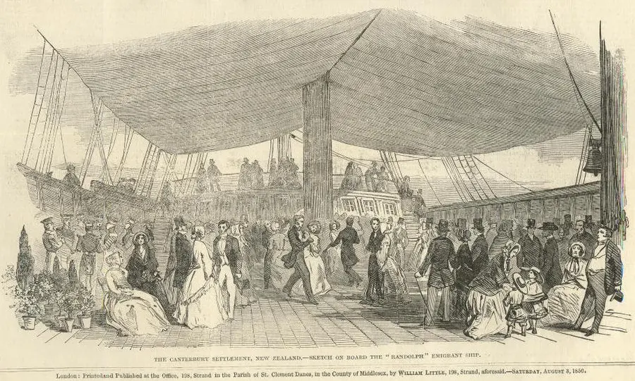 Dancing on the deck of the Randolph at a farewell banquet at Blackwall in July 1850, before she sailed for Lyttelton.