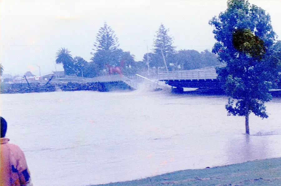 Floodwater over a bridge in Taranaki as Cyclone Bola crossed the North Island in March 1988.