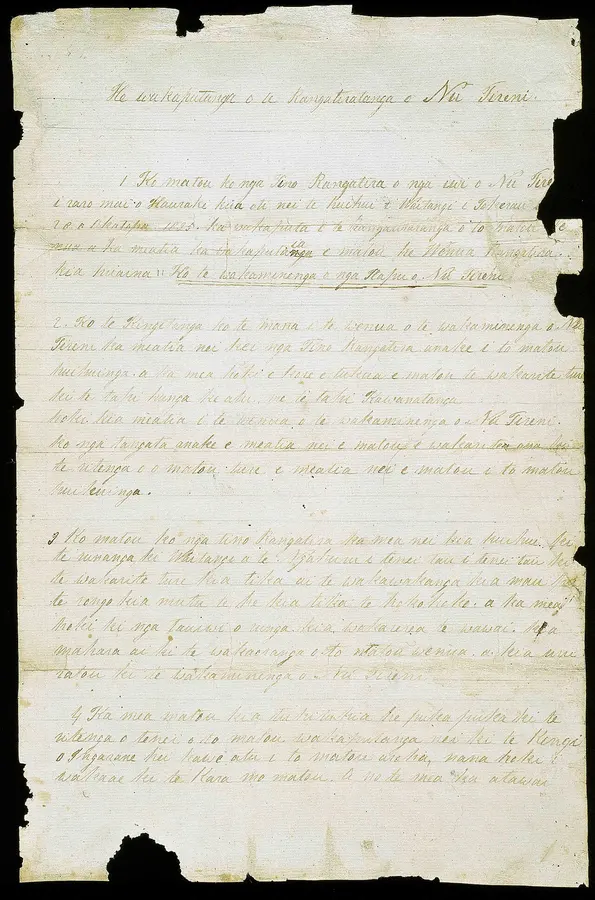 Page one of the manuscript of He Whakaputanga o te Rangatiratanga o Nu Tireni, the 1835 Declaration of Independence.