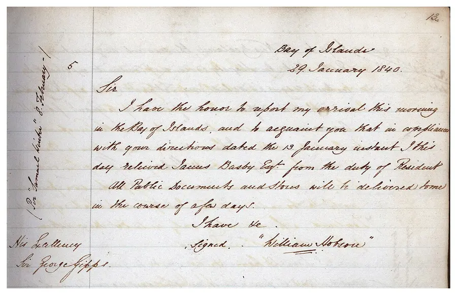 William Hobson's handwritten dispatch of 29 January 1840, reporting his arrival in the Bay of Islands and his relief of James Busby as British Resident.