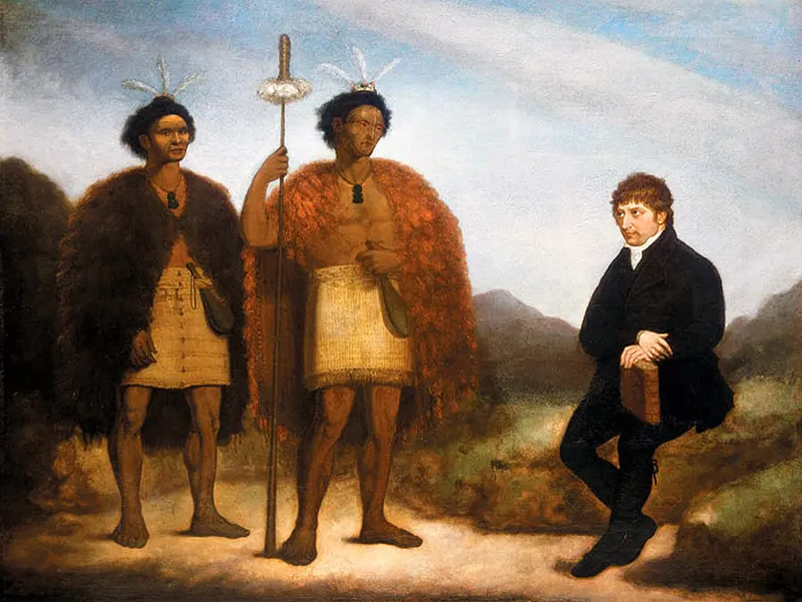 James Barry's 1820 oil painting of the chiefs Waikato and Hongi Hika with the missionary Thomas Kendall, made in England.