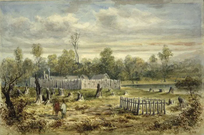 George Hyde Page's 1846 watercolour of Boulcott's Stockade in the Hutt Valley, showing the graves of 58th Regiment soldiers.