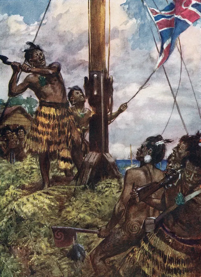 Arthur David McCormick's 1908 illustration of Hōne Heke felling the flagstaff at Kororāreka.