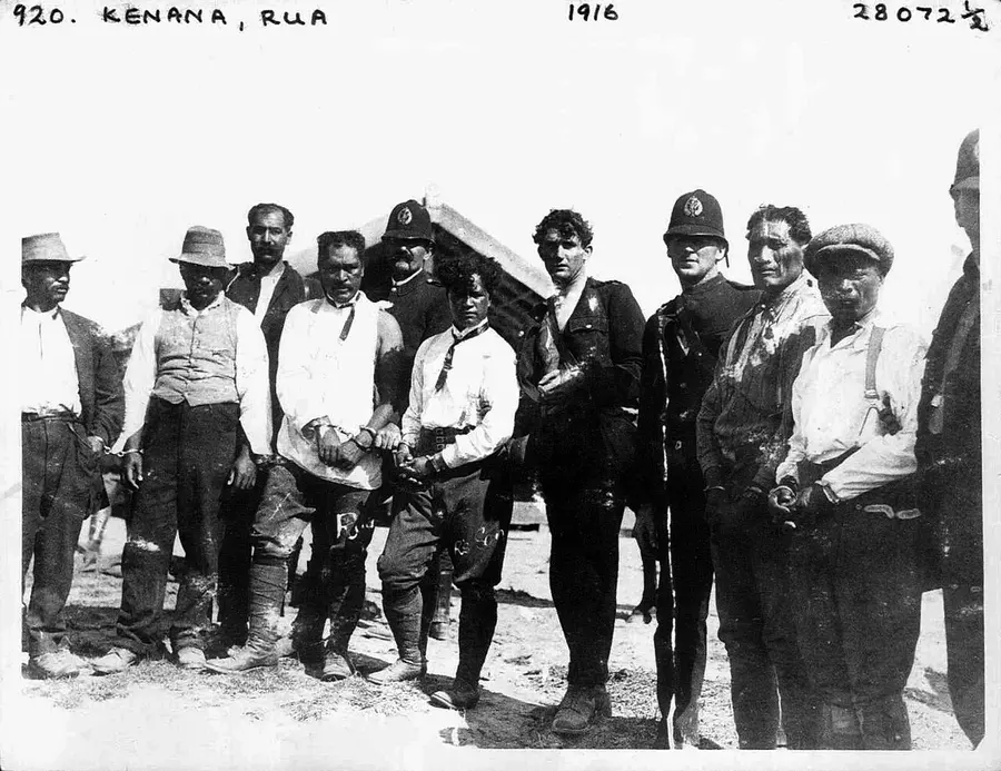 Police with the men arrested at Maungapōhatu on 2 April 1916, from the police file on Rua Kēnana.