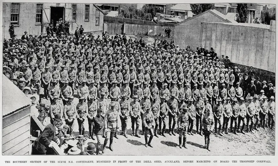 The southern section of the Sixth New Zealand Contingent mustered outside the Auckland drill shed in February 1901, before boarding the troopship Cornwall.