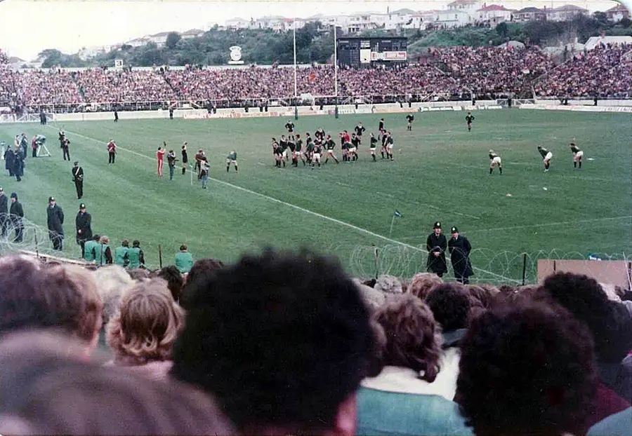 Police lining the boundary of the pitch during a match on the 1981 Springbok tour.
