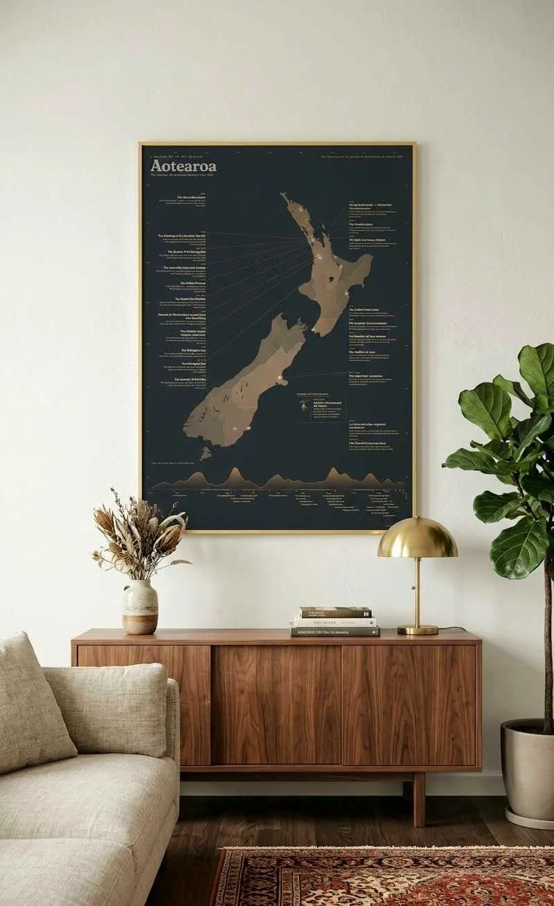 The dark poster in a gold frame above a walnut sideboard, beside a sofa and a fiddle-leaf fig.
