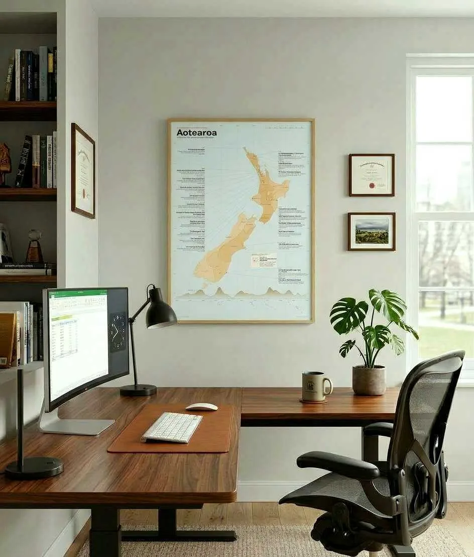 The light poster in a pale wood frame above a corner desk with a monitor and an office chair.