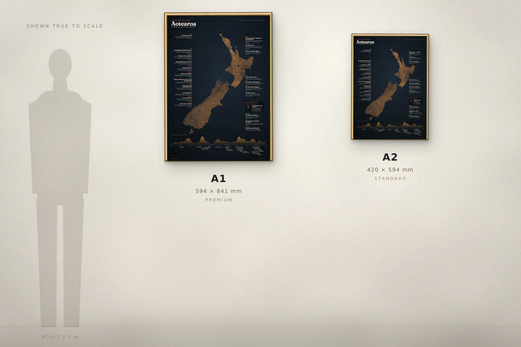 The A1 and A2 posters hung side by side beside the silhouette of a 1.7 metre adult.